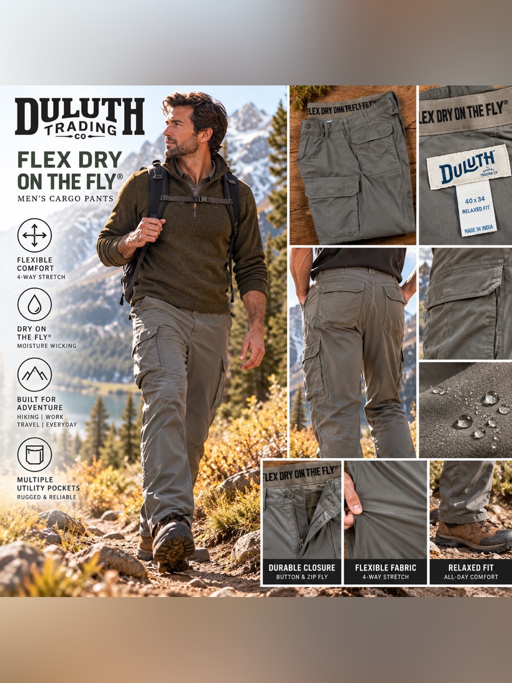 Duluth Trading Co Flex Dry on the Fly Cargo Pants Gray Waist 40x34